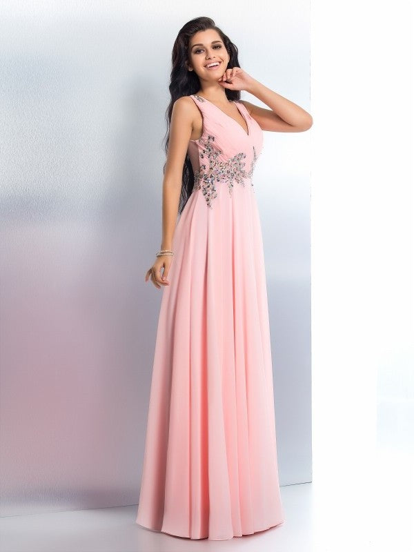 A-Line/Princess Beading V-neck Sleeveless Long Chiffon Dresses