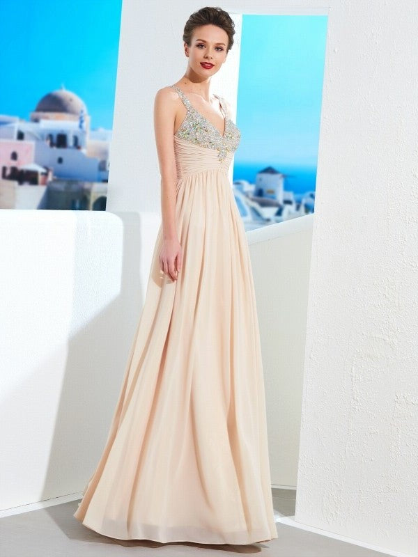 Straps Spaghetti A-Line/Princess Beading Floor-Length Chiffon Dresses