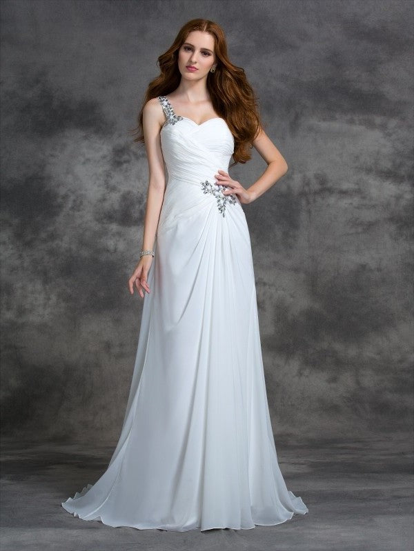 Beading One-Shoulder Sleeveless A-line/Princess Long Chiffon Dresses