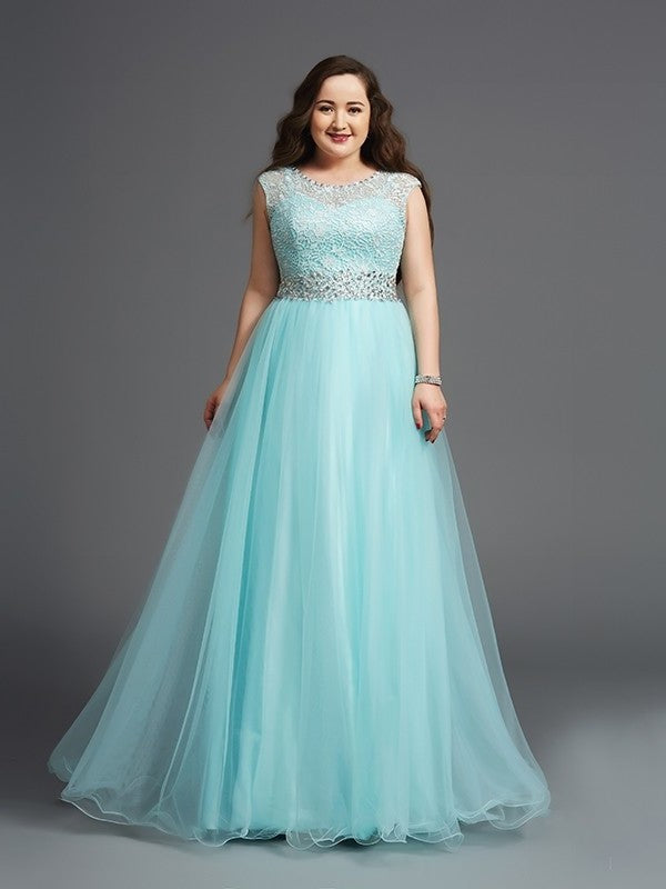 Sleeveless A-Line/Princess Tulle Rhinestone Scoop Long Plus Size Dresses