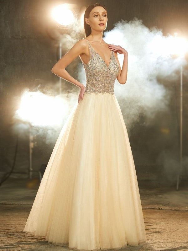 Gown Beading V-neck Ball Sleeveless Floor-length Tulle Dresses