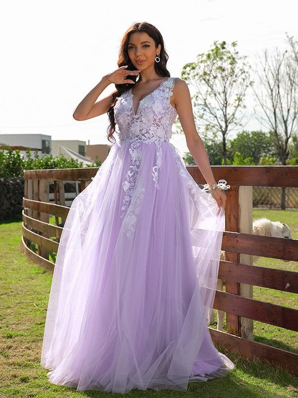 Tulle V-neck A-Line/Princess Applique Sleeveless Floor-Length Dresses