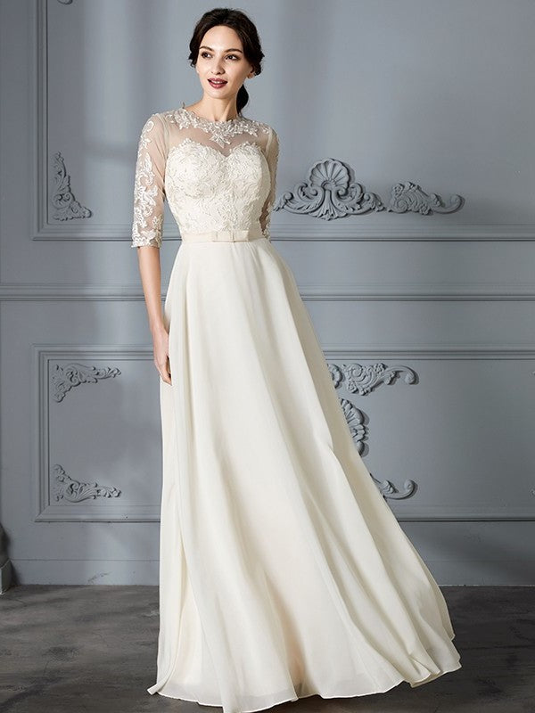 Scoop A-Line/Princess 1/2 Sleeves Floor-Length Chiffon Wedding Dresses