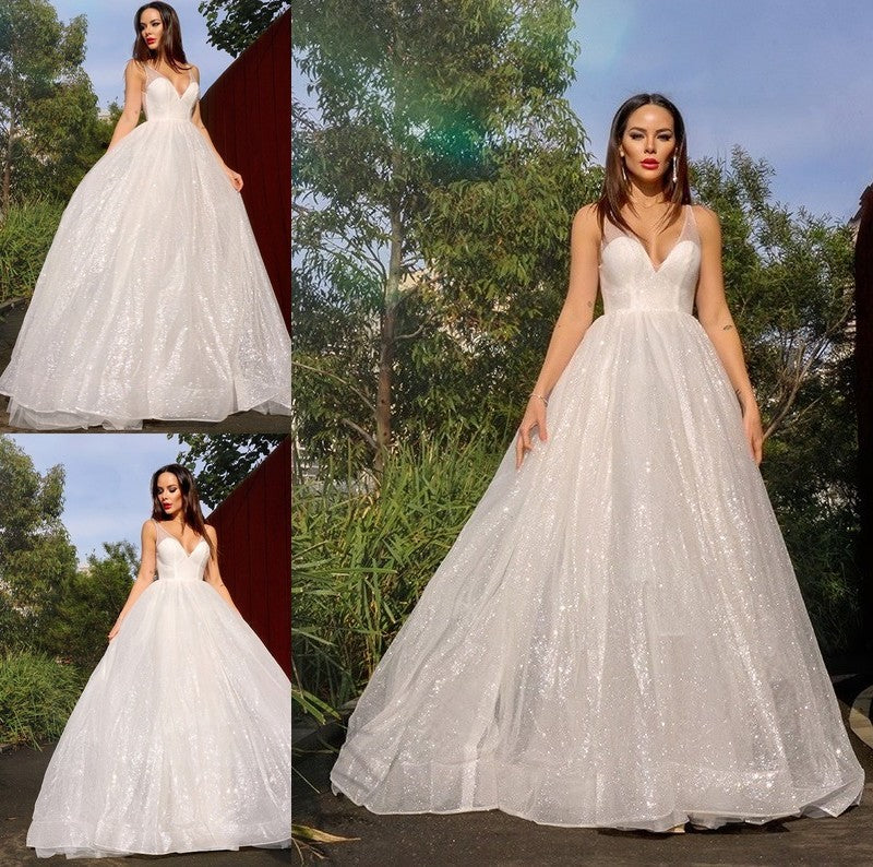 A-Line/Princess Tulle Sequin V-neck Sleeveless Sweep/Brush Train Dresses