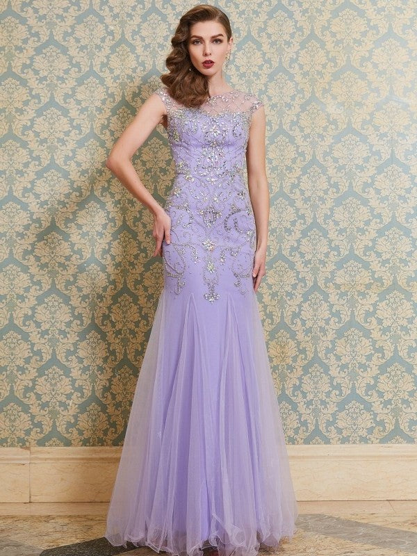 Beading Trumpet/Mermaid Sleeveless Scoop Floor-length Tulle Dresses