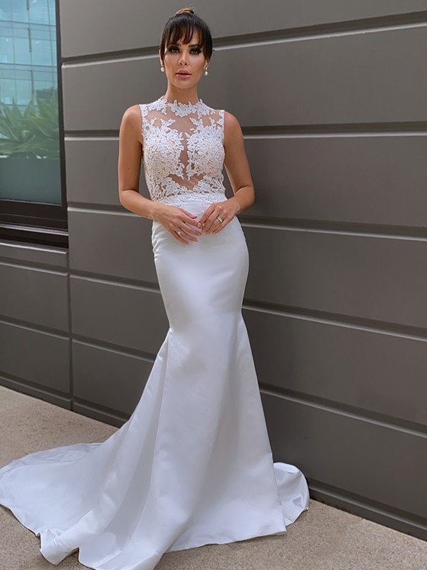 Court Sleeveless Satin Scoop Trumpet/Mermaid Applique Train Wedding Dresses