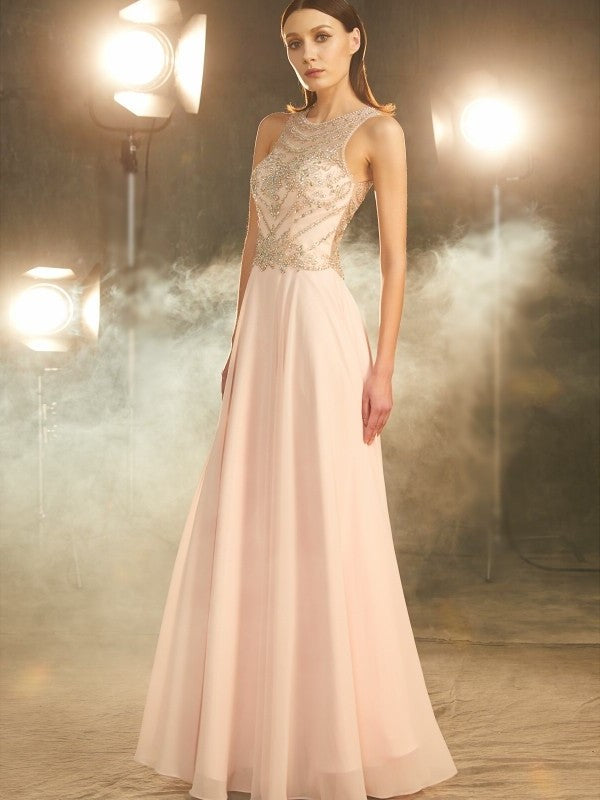 Chiffon A-Line/Princess Scoop Sleeveless Crystal Floor-length Dresses