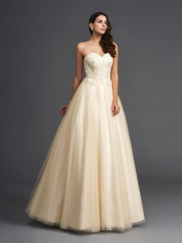 Sweetheart Sleeveless A-Line/Princess Beading Long Net Dresses