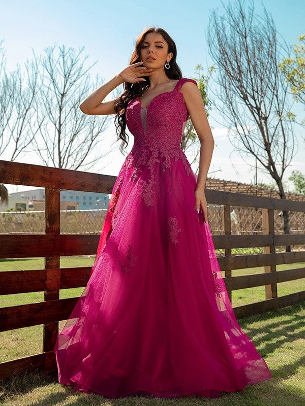 A-Line/Princess V-neck Applique Tulle Sleeveless Floor-Length Dresses