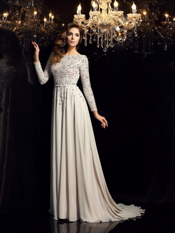 Scoop A-Line/Princess Beading Long Sleeves Long Chiffon Dresses