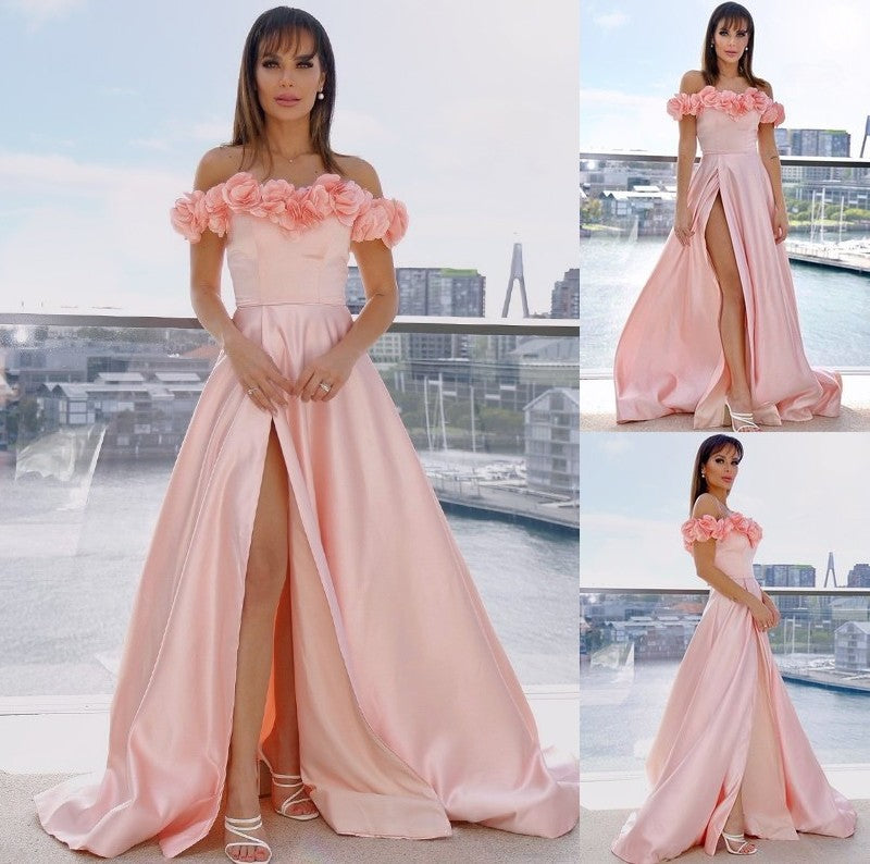 A-Line/Princess Off-the-Shoulder Satin Hand-Made Flower Sleeveless Sweep/Brush Train Dresses