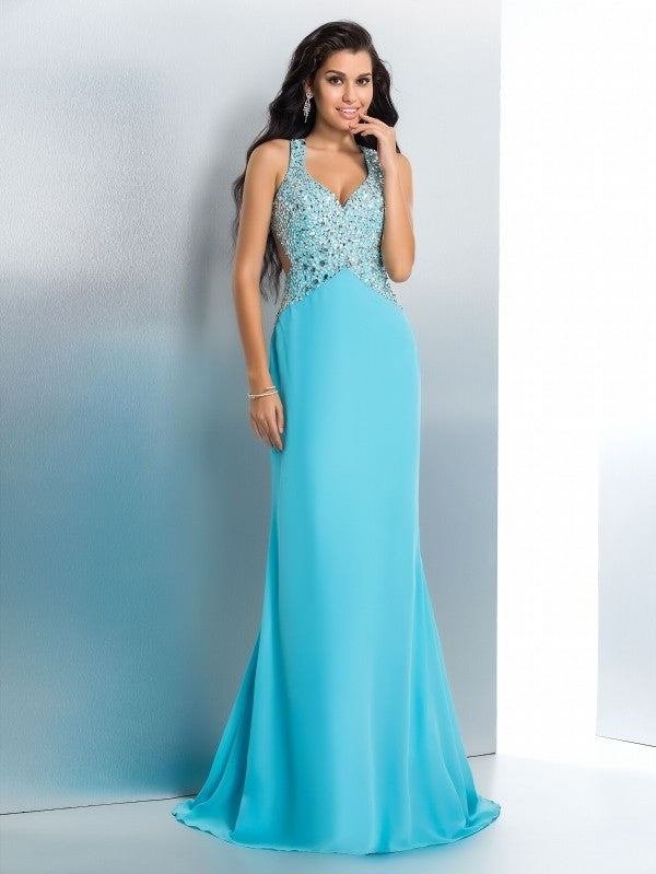 Beading A-Line/Princess Straps Sleeveless Long Chiffon Dresses