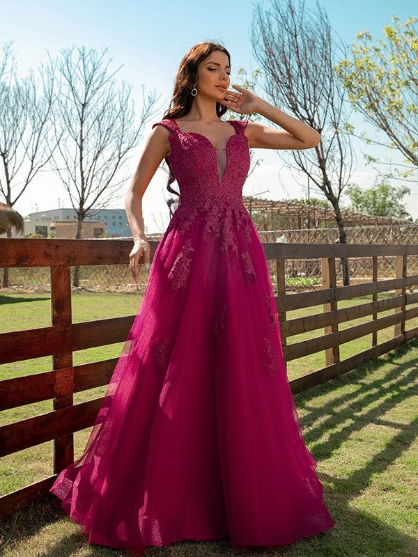 A-Line/Princess V-neck Applique Tulle Sleeveless Floor-Length Dresses