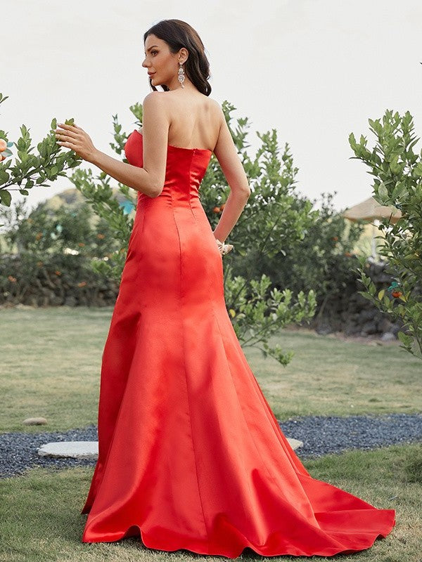 Satin Ruched Sheath/Column Sleeveless Strapless Sweep/Brush Train Dresses