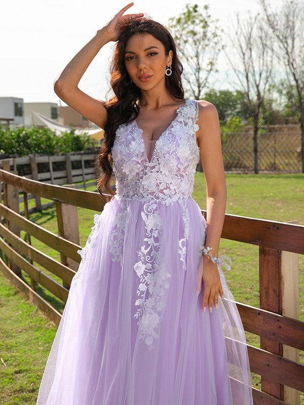 Tulle V-neck A-Line/Princess Applique Sleeveless Floor-Length Dresses