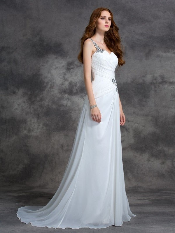 Beading One-Shoulder Sleeveless A-line/Princess Long Chiffon Dresses