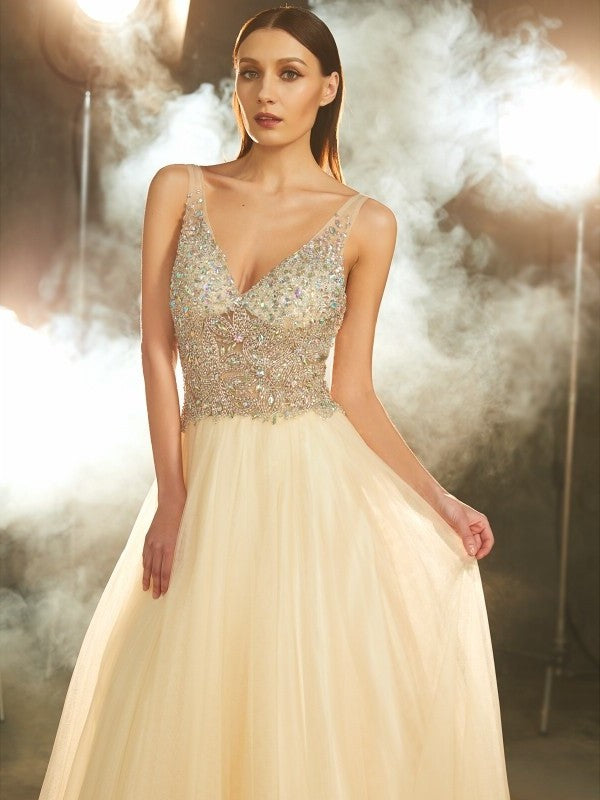 Gown Beading V-neck Ball Sleeveless Floor-length Tulle Dresses