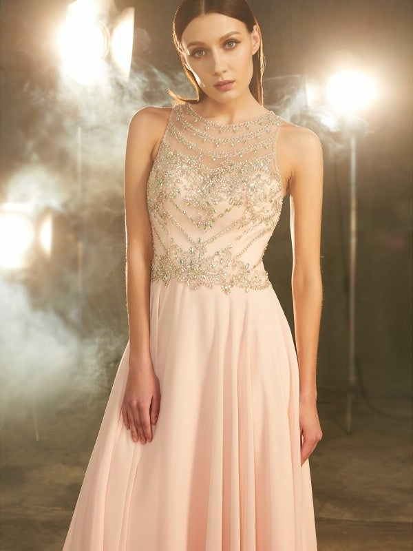 Chiffon A-Line/Princess Scoop Sleeveless Crystal Floor-length Dresses