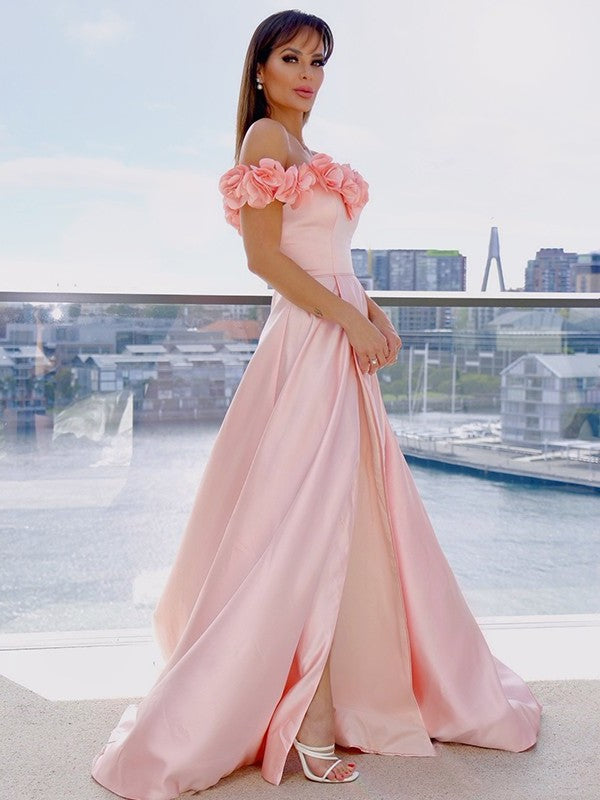 A-Line/Princess Off-the-Shoulder Satin Hand-Made Flower Sleeveless Sweep/Brush Train Dresses