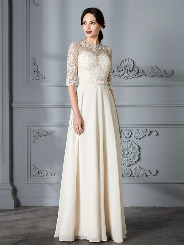 Scoop A-Line/Princess 1/2 Sleeves Floor-Length Chiffon Wedding Dresses