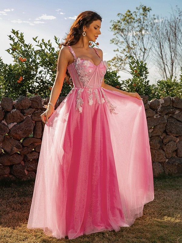 A-Line/Princess Applique Tulle Straps Sleeveless Floor-Length Dresses