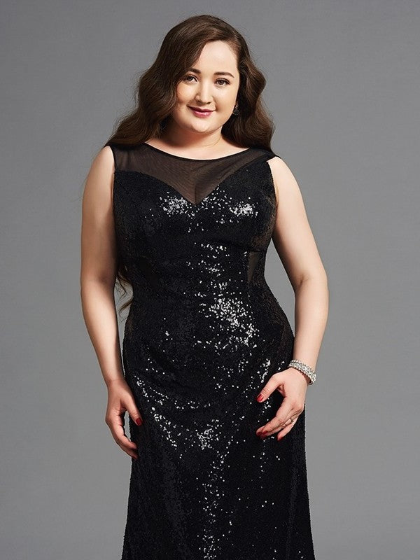 Scoop Sheath/Column Sequins Sleeveless Long Plus Size Dresses