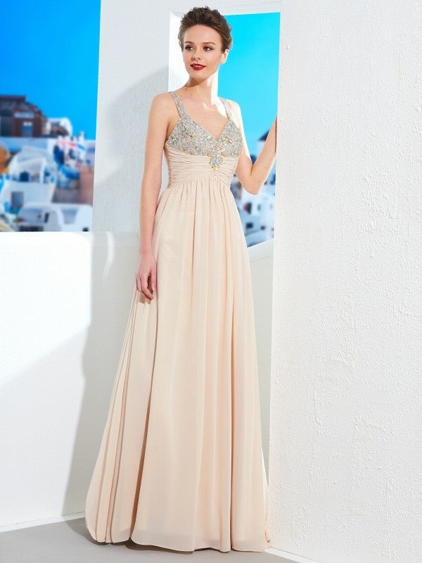 Straps Spaghetti A-Line/Princess Beading Floor-Length Chiffon Dresses