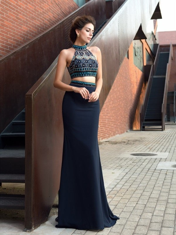 High Sleeveless Long Beading Sheath/Column Chiffon Neck Two Piece Dresses