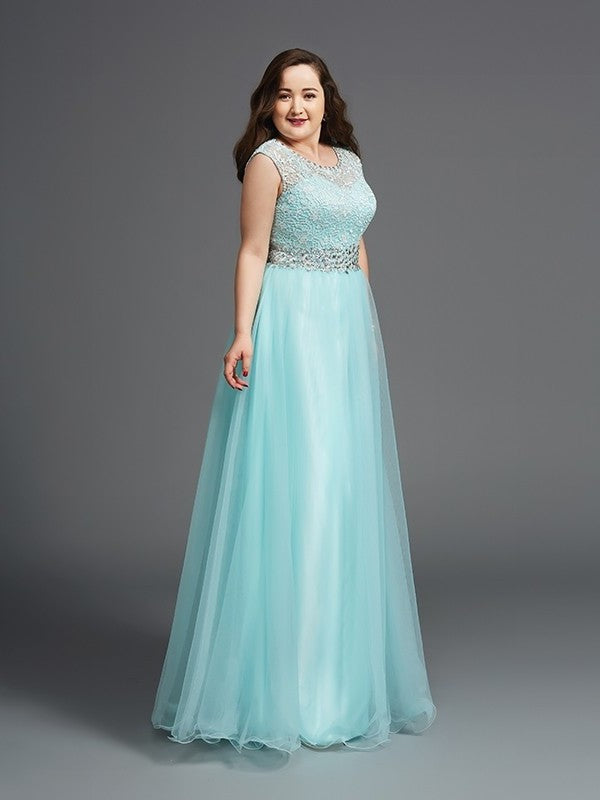 Sleeveless A-Line/Princess Tulle Rhinestone Scoop Long Plus Size Dresses