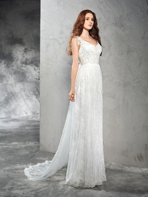 A-Line/Princess Straps Sleeveless Long Lace Lace Wedding Dresses