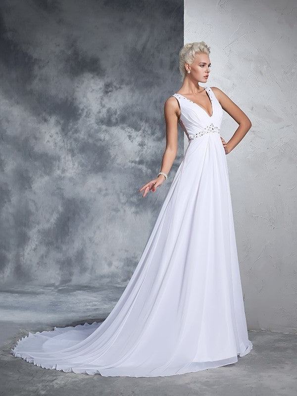 Sleeveless Beading Long V-neck A-Line/Princess Chiffon Wedding Dresses