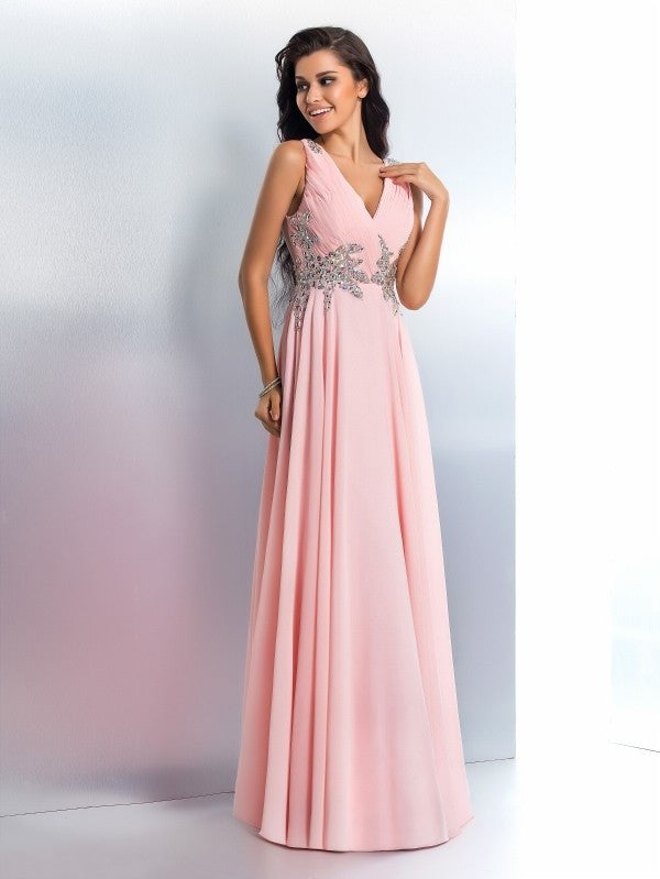 A-Line/Princess Beading V-neck Sleeveless Long Chiffon Dresses