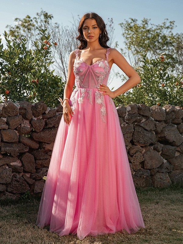 A-Line/Princess Applique Tulle Straps Sleeveless Floor-Length Dresses