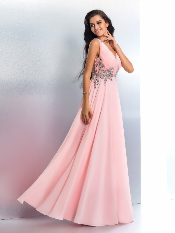 A-Line/Princess Beading V-neck Sleeveless Long Chiffon Dresses