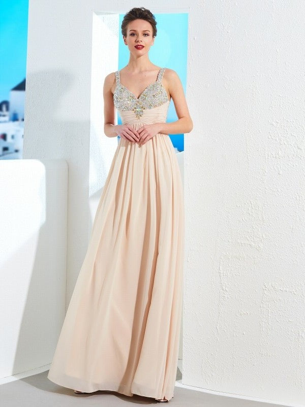 Straps Spaghetti A-Line/Princess Beading Floor-Length Chiffon Dresses