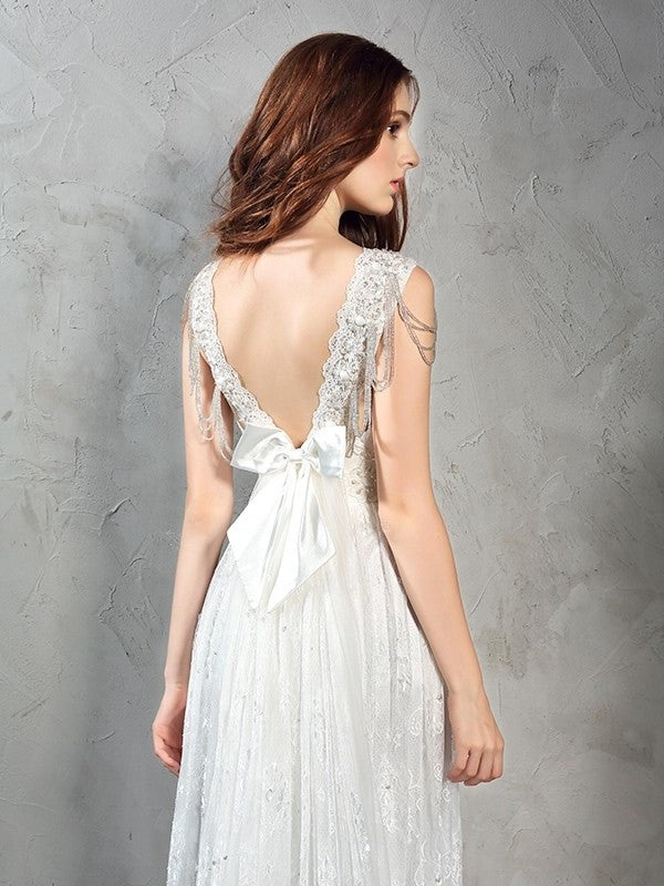 A-Line/Princess Straps Sleeveless Long Lace Lace Wedding Dresses