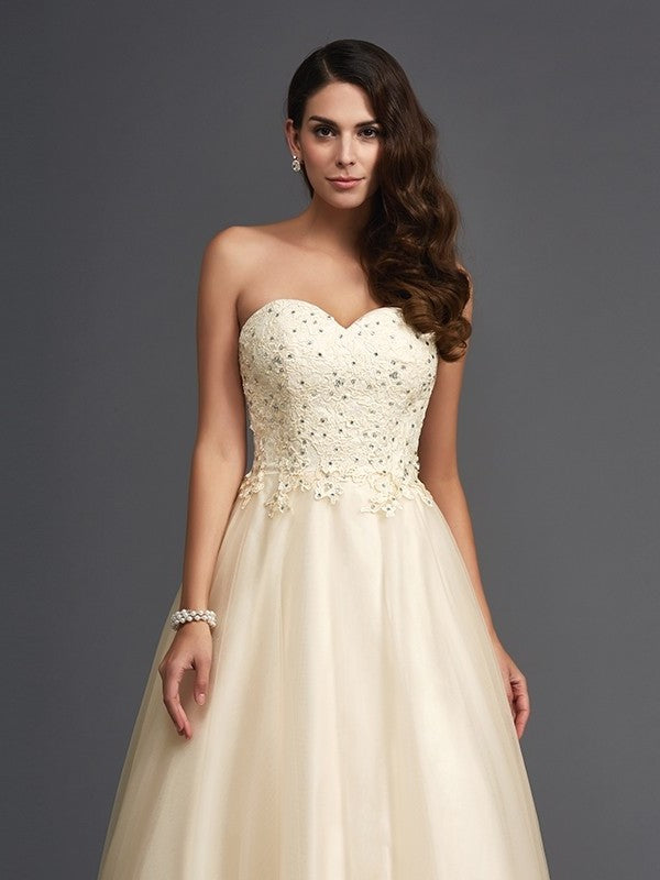 Sweetheart Sleeveless A-Line/Princess Beading Long Net Dresses