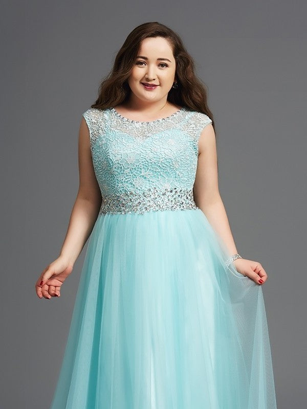 Sleeveless A-Line/Princess Tulle Rhinestone Scoop Long Plus Size Dresses