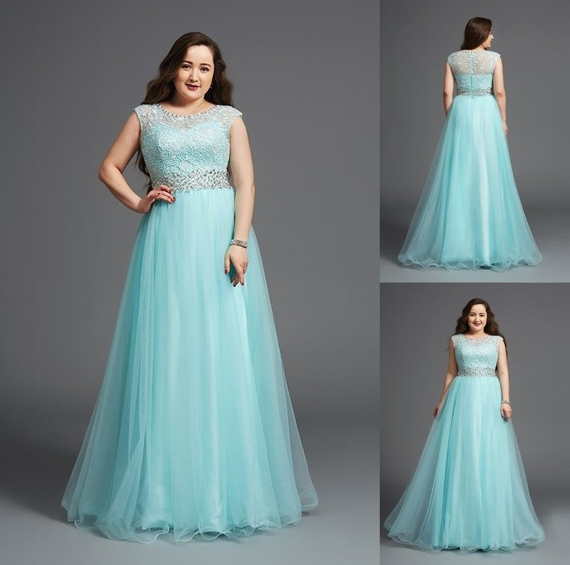 Sleeveless A-Line/Princess Tulle Rhinestone Scoop Long Plus Size Dresses