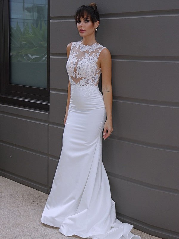 Court Sleeveless Satin Scoop Trumpet/Mermaid Applique Train Wedding Dresses