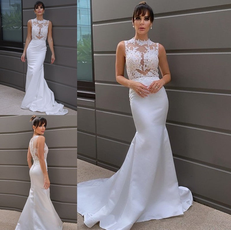 Court Sleeveless Satin Scoop Trumpet/Mermaid Applique Train Wedding Dresses