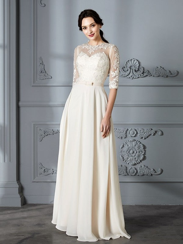 Scoop A-Line/Princess 1/2 Sleeves Floor-Length Chiffon Wedding Dresses