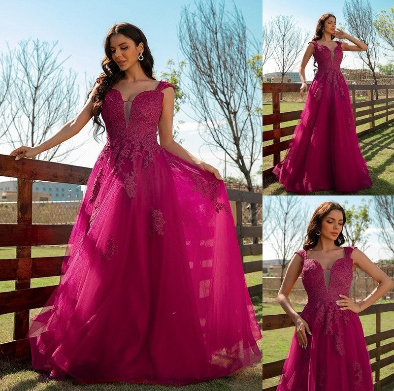 A-Line/Princess V-neck Applique Tulle Sleeveless Floor-Length Dresses