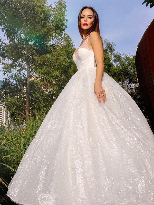 A-Line/Princess Tulle Sequin V-neck Sleeveless Sweep/Brush Train Dresses