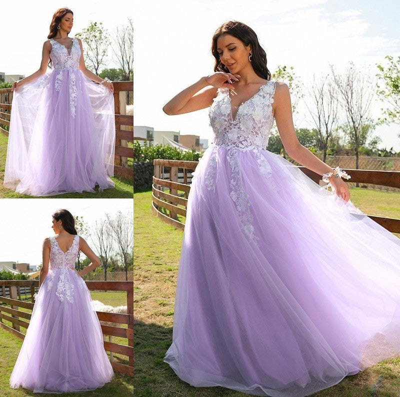 Tulle V-neck A-Line/Princess Applique Sleeveless Floor-Length Dresses