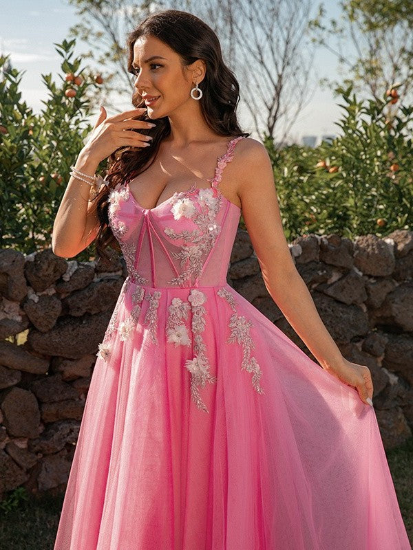 A-Line/Princess Applique Tulle Straps Sleeveless Floor-Length Dresses