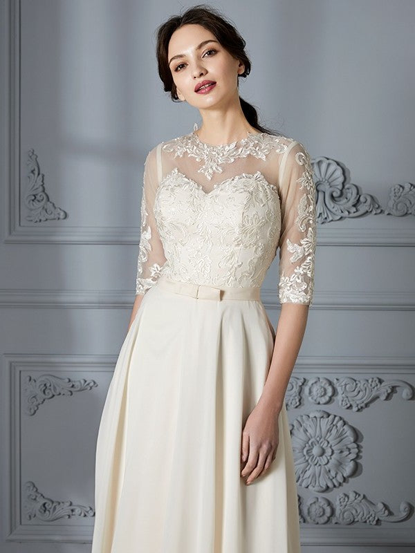 Scoop A-Line/Princess 1/2 Sleeves Floor-Length Chiffon Wedding Dresses