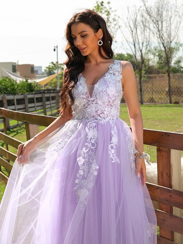 Tulle V-neck A-Line/Princess Applique Sleeveless Floor-Length Dresses