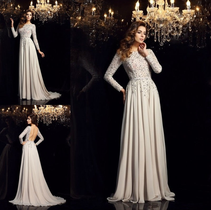 Scoop A-Line/Princess Beading Long Sleeves Long Chiffon Dresses