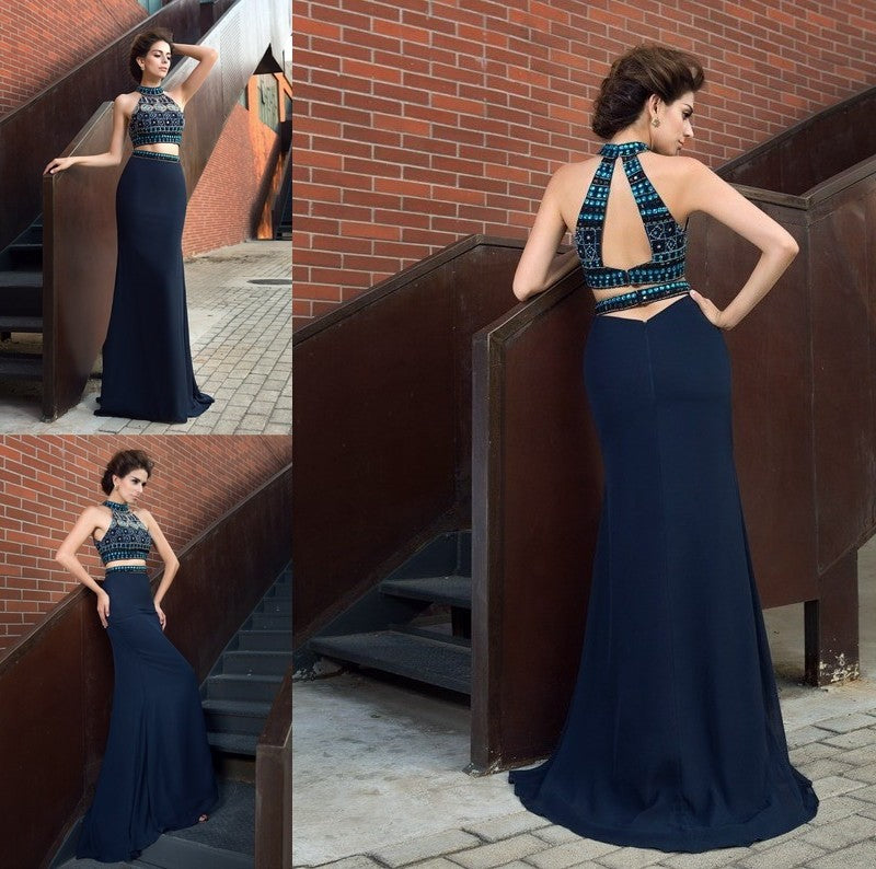 High Sleeveless Long Beading Sheath/Column Chiffon Neck Two Piece Dresses